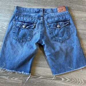 True Religion Riley Cutoff Denim Shorts Flap Pocket Blue Y2K Womens Size 29